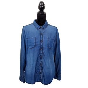 Caslon Womens Petite Large Blue Denim Classic Chambray Button Down Shirt Casual